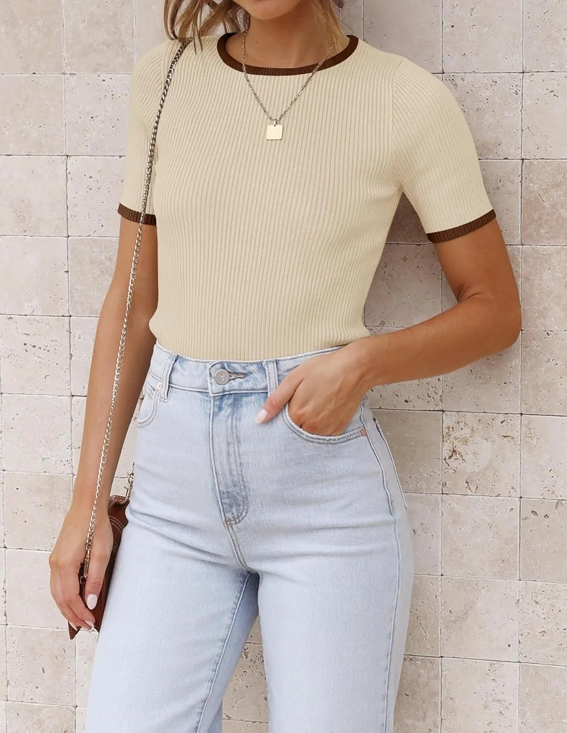ZESICA Women's Summer Short Sleeve Ribbed Knit Slim Fit T Shirt 2025 Crewneck Basic Casual Color Block Tee Tops