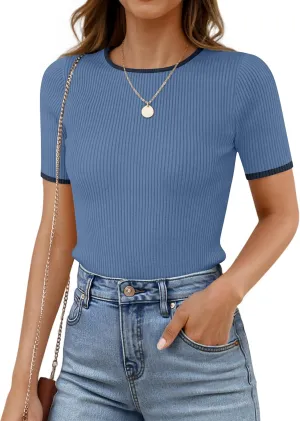 ZESICA Women's Summer Short Sleeve Ribbed Knit Slim Fit T Shirt 2025 Crewneck Basic Casual Color Block Tee Tops