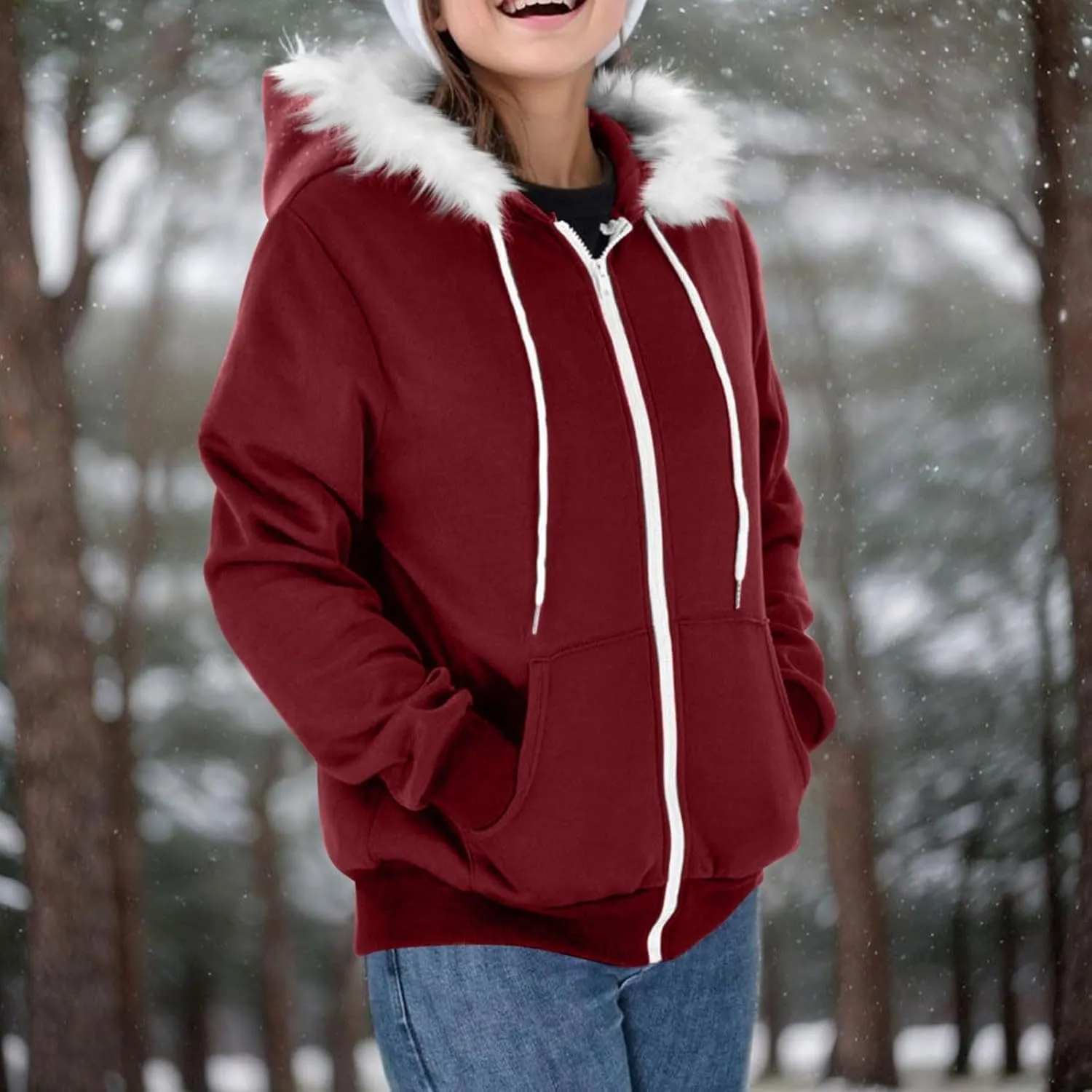 Zip Up Hoodie Women Fleece Lined Zip Up Jackets Casual Loose Drawstring Plain Hooded Sweatshirt with Pockets