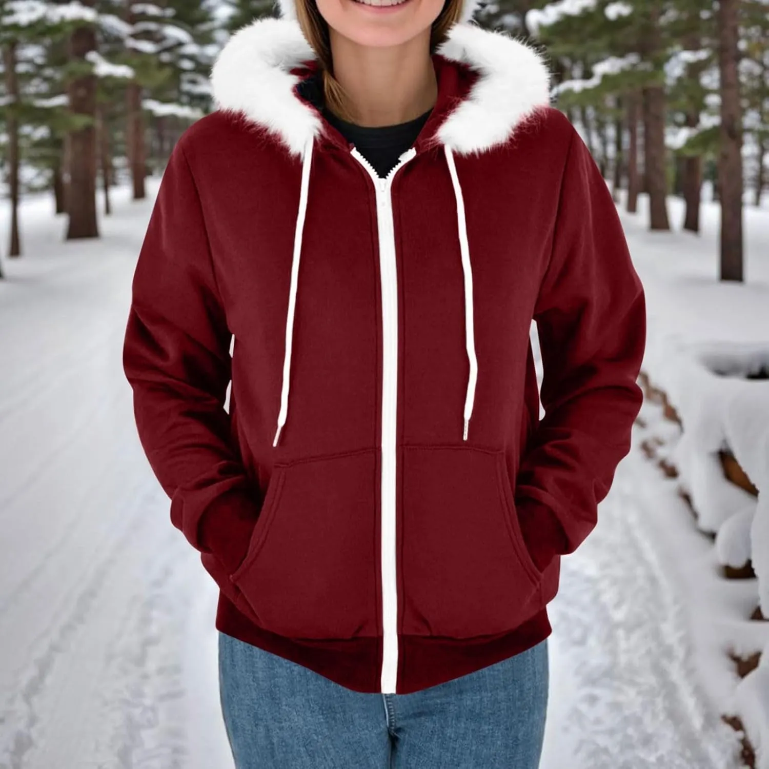 Zip Up Hoodie Women Fleece Lined Zip Up Jackets Casual Loose Drawstring Plain Hooded Sweatshirt with Pockets