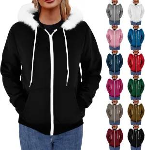 Zip Up Hoodie Women Fleece Lined Zip Up Jackets Casual Loose Drawstring Plain Hooded Sweatshirt with Pockets
