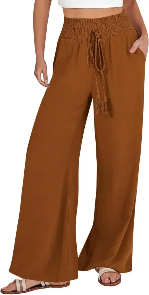 ZWRXW Linen Pants Women Summer Casual Palazzo Beach Pant Loose Lounge Pant High Waisted Adjustable Tie Knot Flowy Trouser