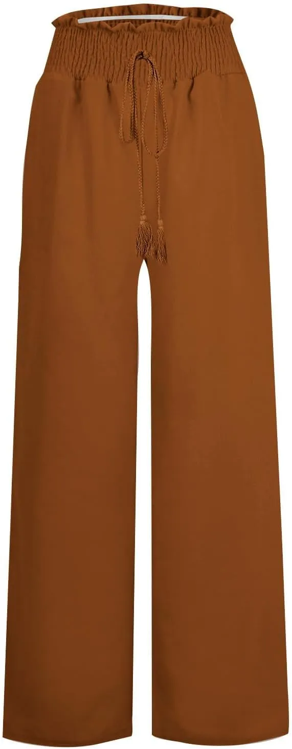 ZWRXW Linen Pants Women Summer Casual Palazzo Beach Pant Loose Lounge Pant High Waisted Adjustable Tie Knot Flowy Trouser