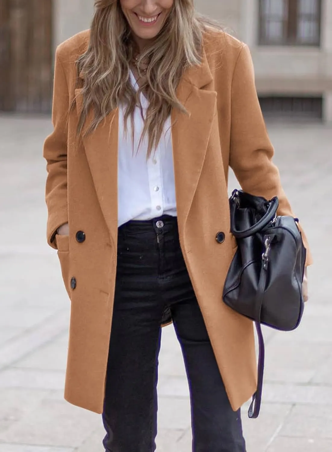 Zwurew Women's Notched Lapel Collar Double Breasted Spring Winter Coats Wool Blend Pea Coats Casual Long Trench Coat