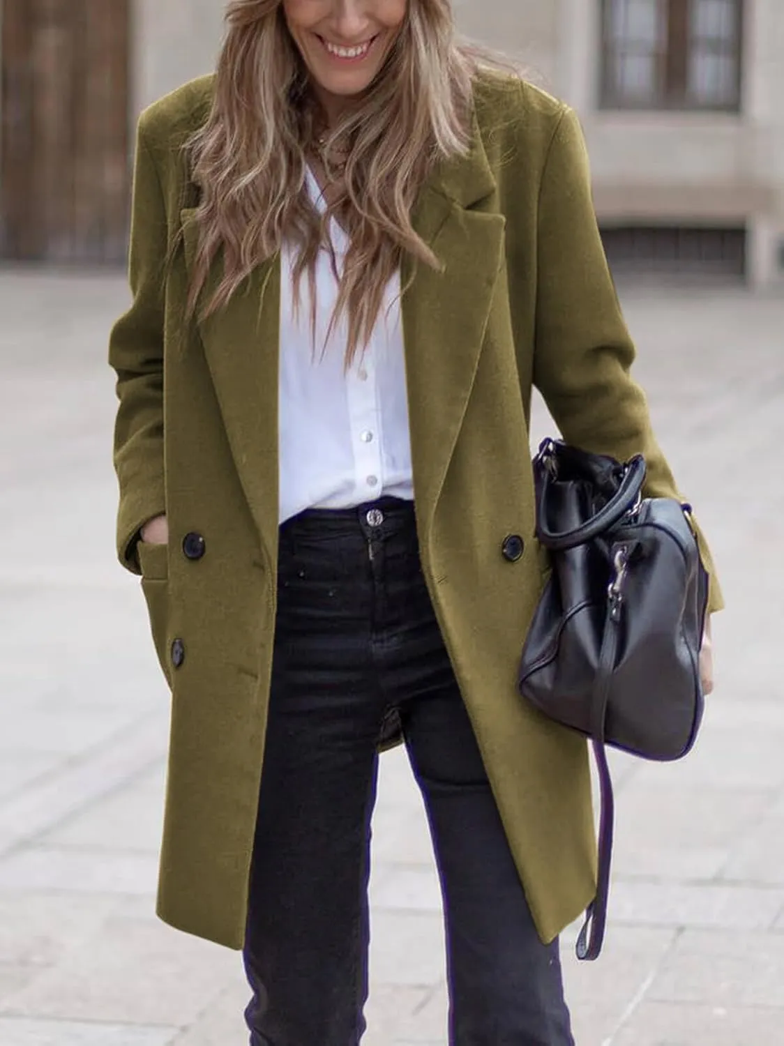 Zwurew Women's Notched Lapel Collar Double Breasted Spring Winter Coats Wool Blend Pea Coats Casual Long Trench Coat