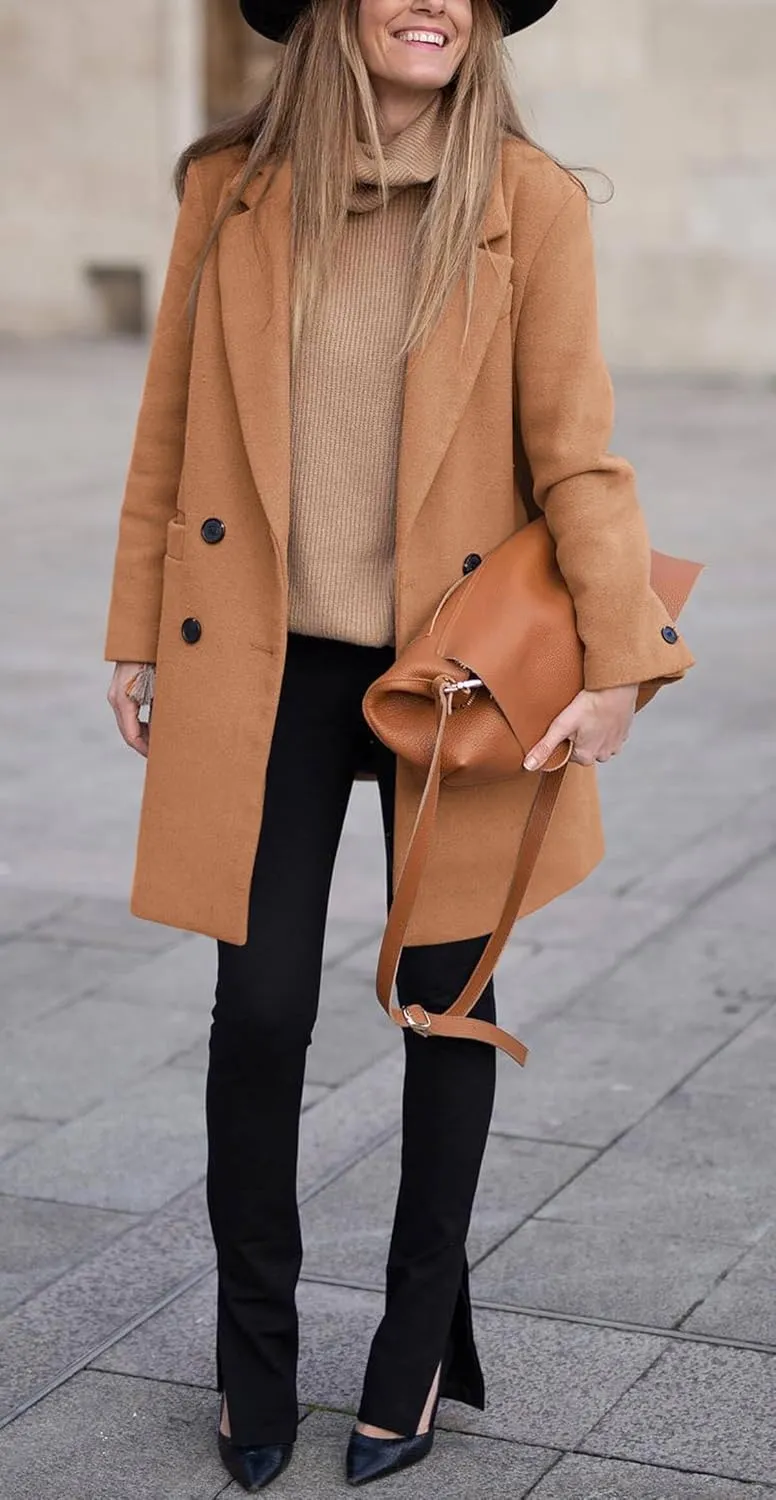 Zwurew Women's Notched Lapel Collar Double Breasted Spring Winter Coats Wool Blend Pea Coats Casual Long Trench Coat