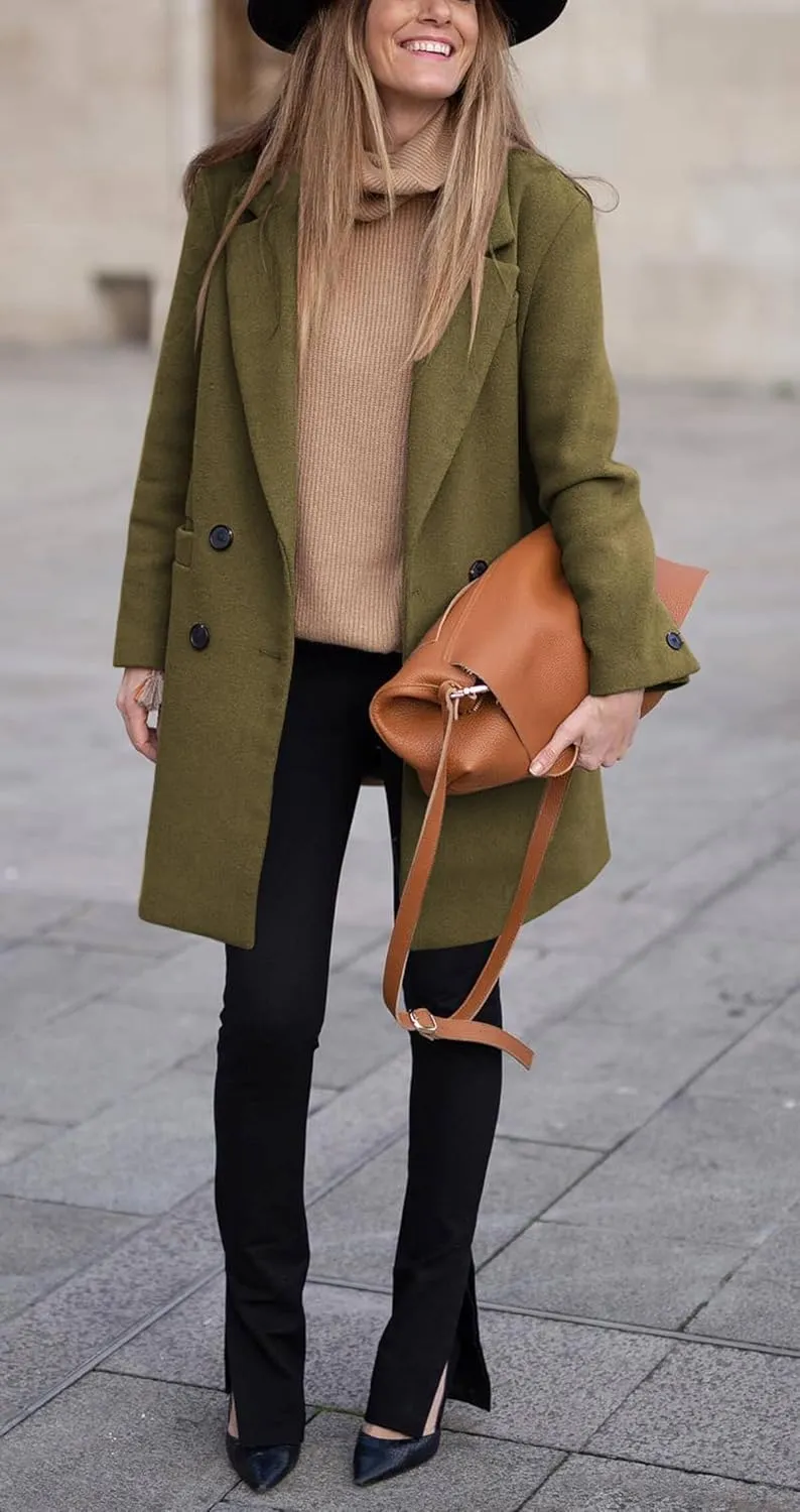 Zwurew Women's Notched Lapel Collar Double Breasted Spring Winter Coats Wool Blend Pea Coats Casual Long Trench Coat