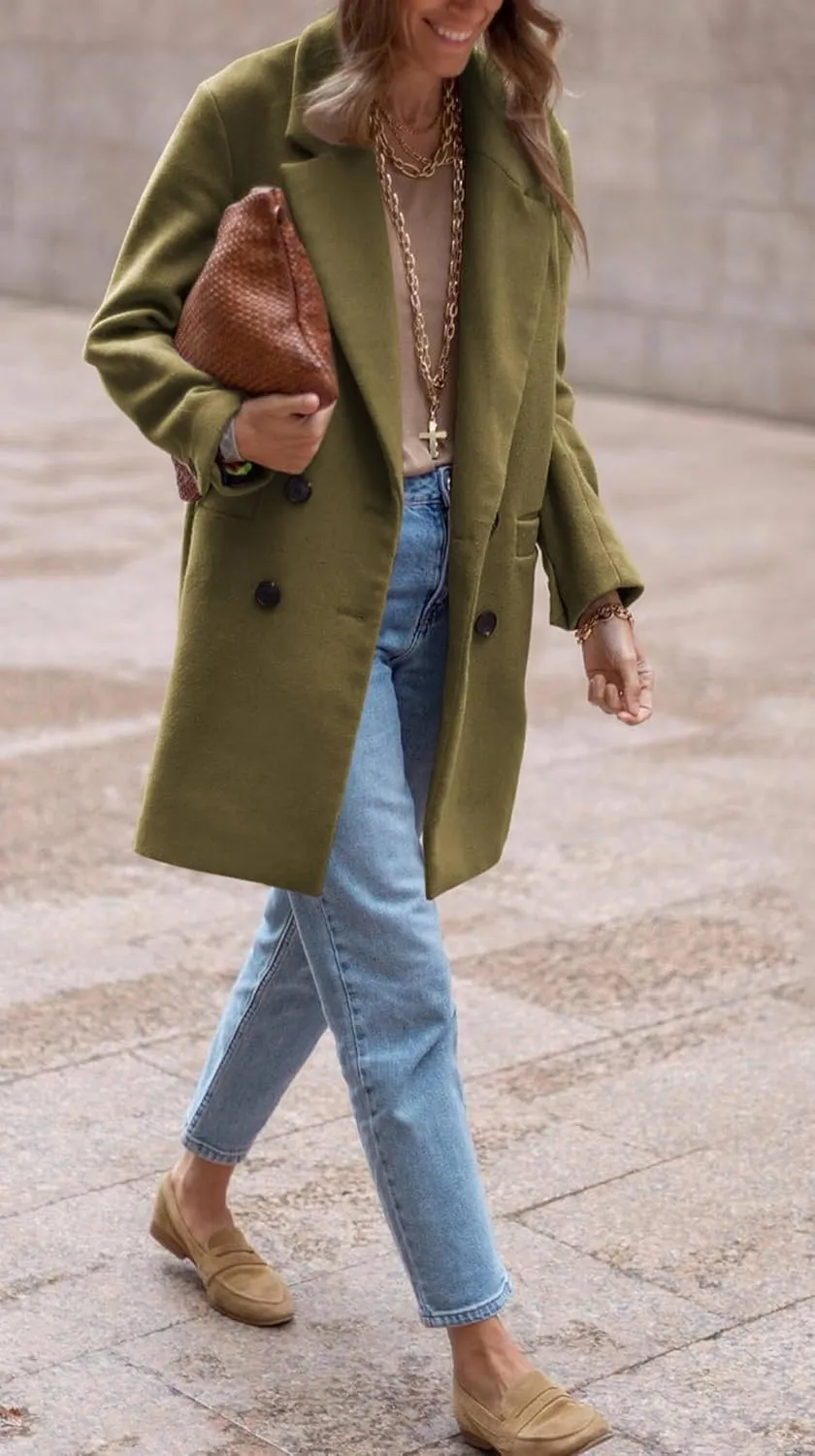 Zwurew Women's Notched Lapel Collar Double Breasted Spring Winter Coats Wool Blend Pea Coats Casual Long Trench Coat