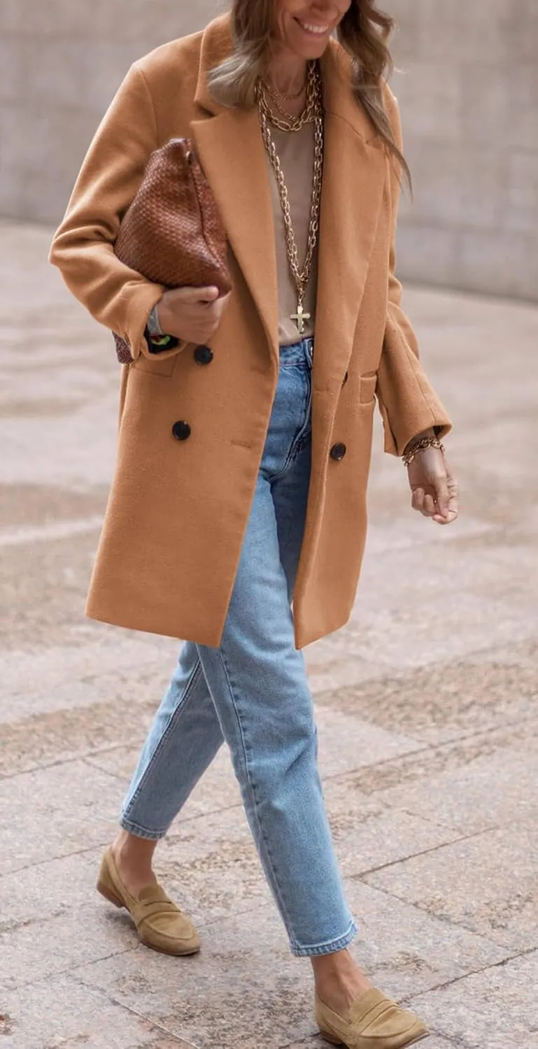 Zwurew Women's Notched Lapel Collar Double Breasted Spring Winter Coats Wool Blend Pea Coats Casual Long Trench Coat