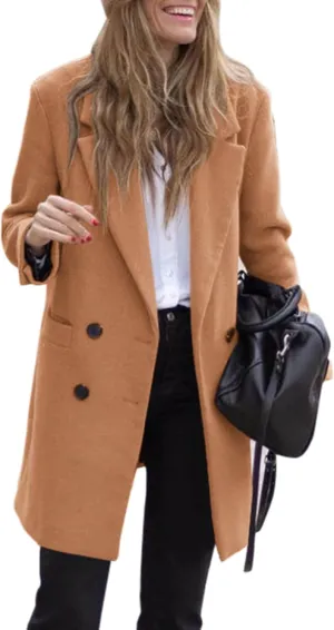 Zwurew Women's Notched Lapel Collar Double Breasted Spring Winter Coats Wool Blend Pea Coats Casual Long Trench Coat