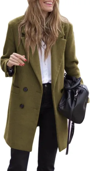 Zwurew Women's Notched Lapel Collar Double Breasted Spring Winter Coats Wool Blend Pea Coats Casual Long Trench Coat